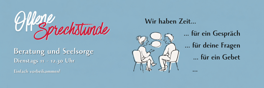 Das Bild zeigt eine Grafik mit zwei Menschen die miteinander sprechen. Die Grafik informiert über die offene Sprechstunde jeden Dienstag von 11-12.30 Uhr.